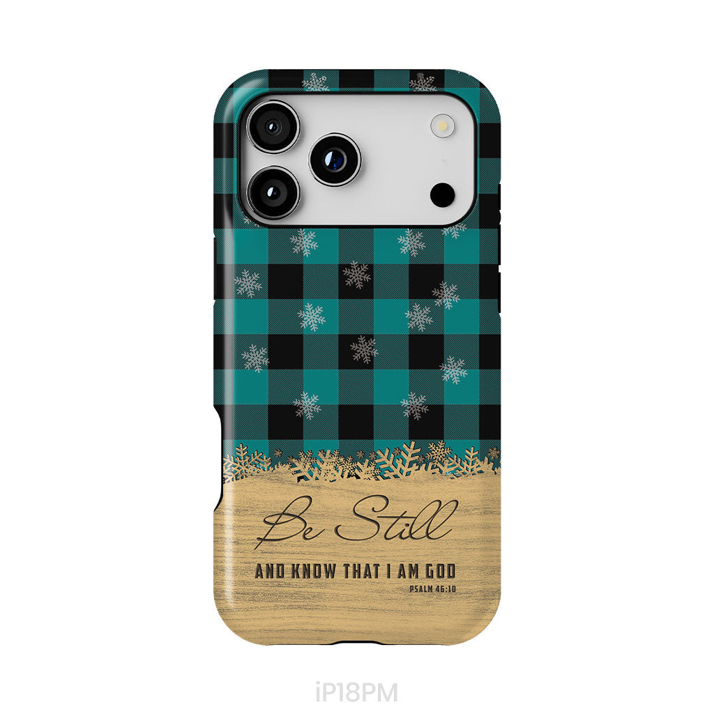 Be still and know that I am God, teal black buffalo plaid, Christmas phone case