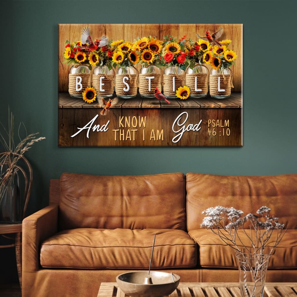 Mason Jar Flowers - Be Still and Know That I Am God Psalm 46:10 Christian Wall Art Canvas