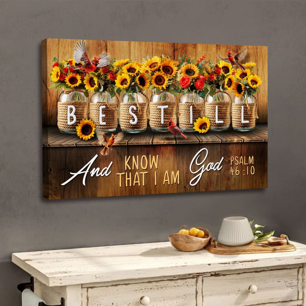 Mason Jar Flowers - Be Still and Know That I Am God Psalm 46:10 Christian Wall Art Canvas