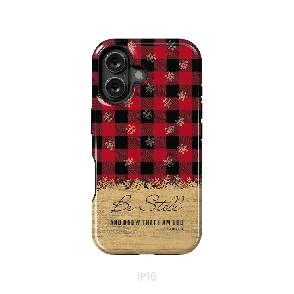 Be still and know that I am God, red black buffalo plaid, Christmas phone case
