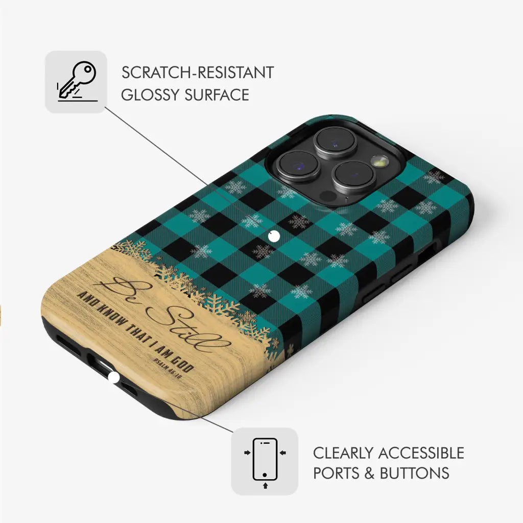 Be still and know that I am God, teal black buffalo plaid, Christmas phone case