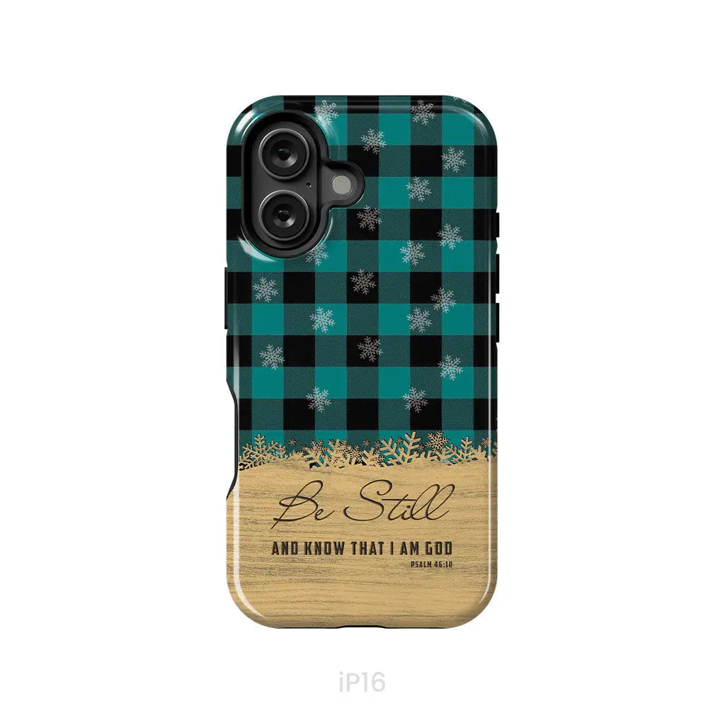 Be still and know that I am God, teal black buffalo plaid, Christmas phone case