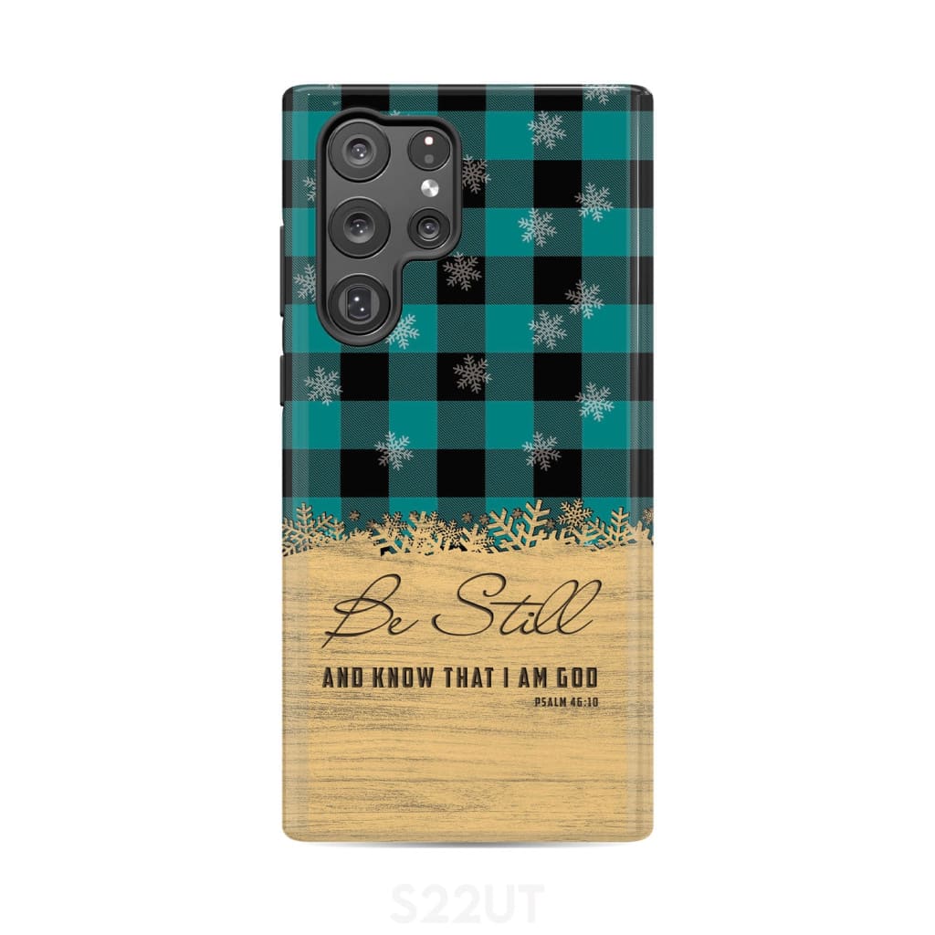 Be still and know that I am God, teal black buffalo plaid, Christmas phone case