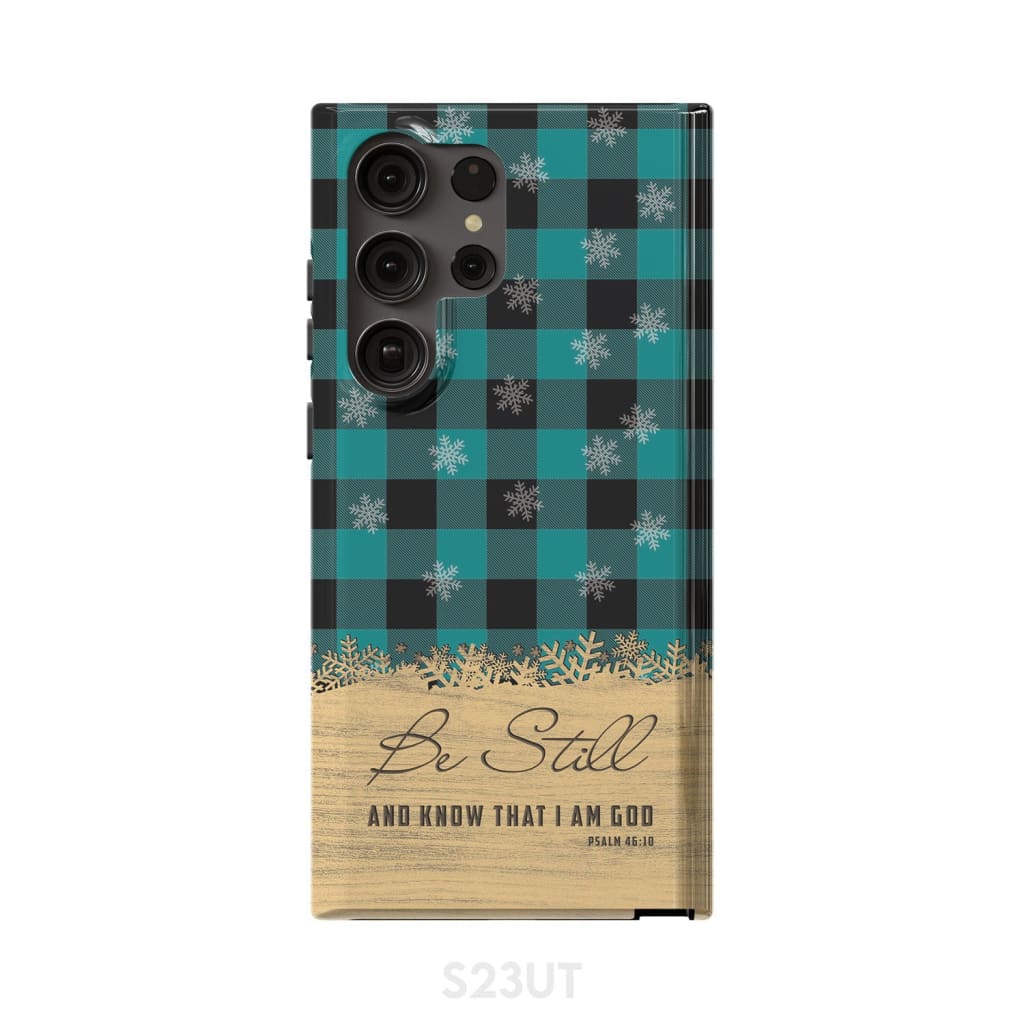 Be still and know that I am God, teal black buffalo plaid, Christmas phone case