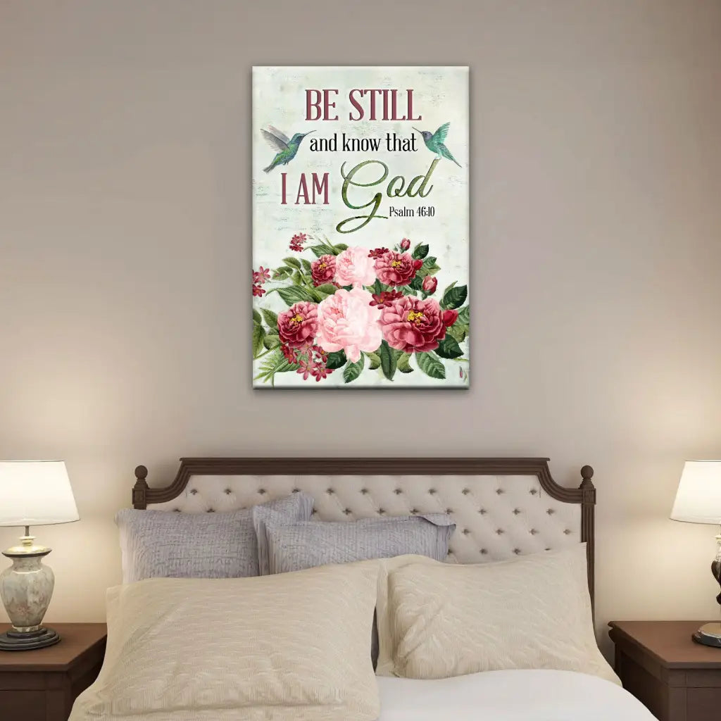 Be Still and Know That I Am God, Vintage Flower Hummingbird, Wall art canvas