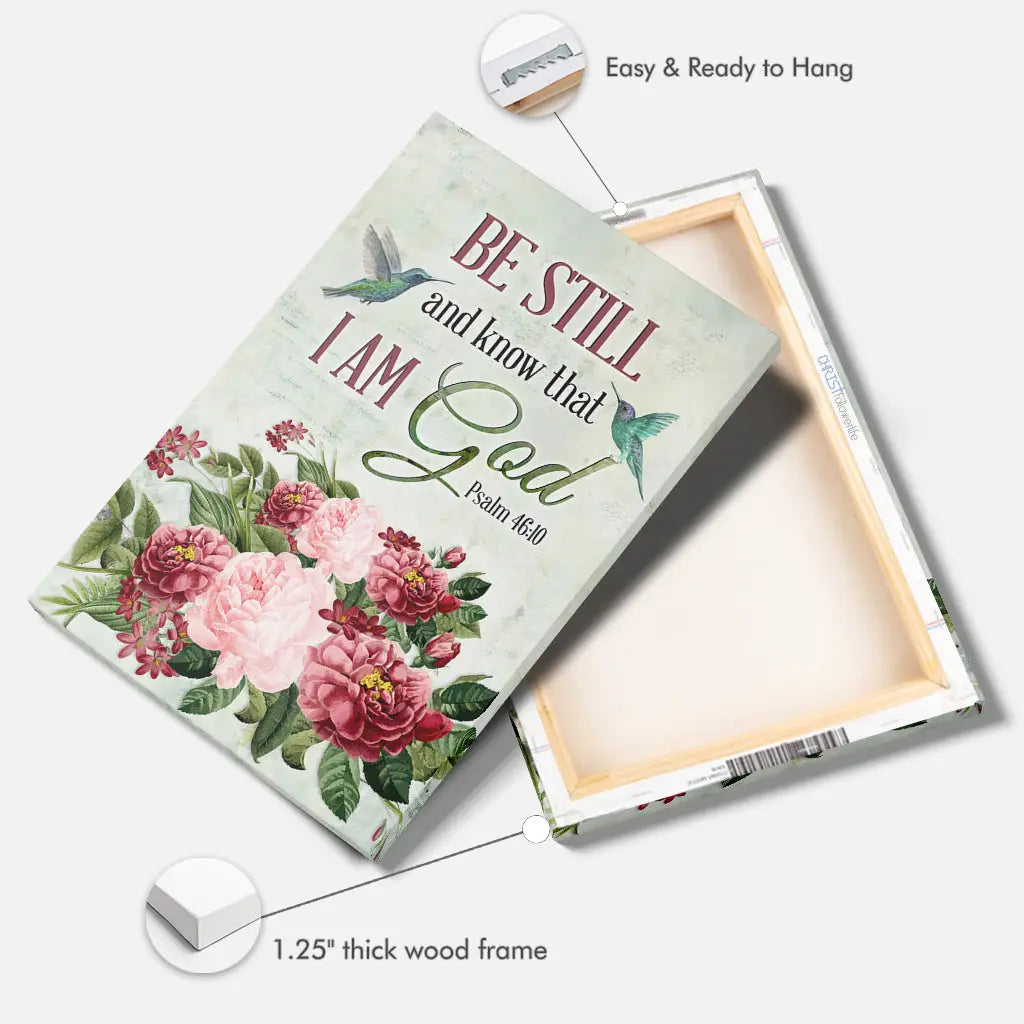 Be Still and Know That I Am God, Vintage Flower Hummingbird, Wall art canvas