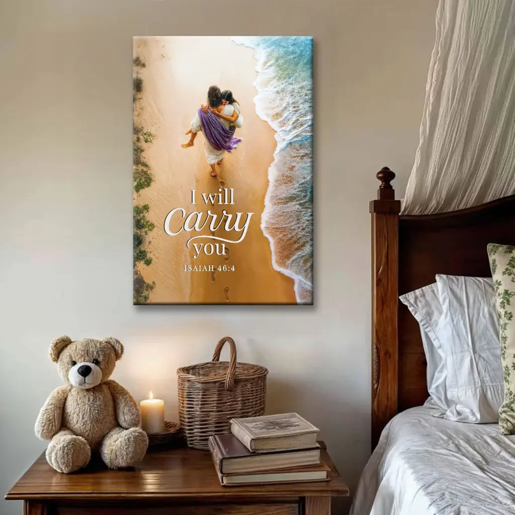 I Will Carry You – Jesus Carrying a Woman – Isaiah 46:4 Christian Canvas Wall Art
