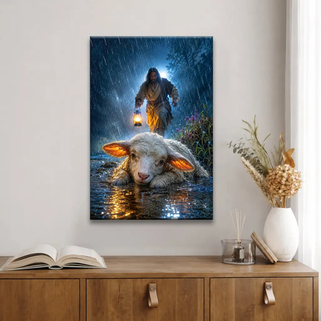 Jesus Rescues the Lost Lamb in the Storm - Christian Wall Art Canvas