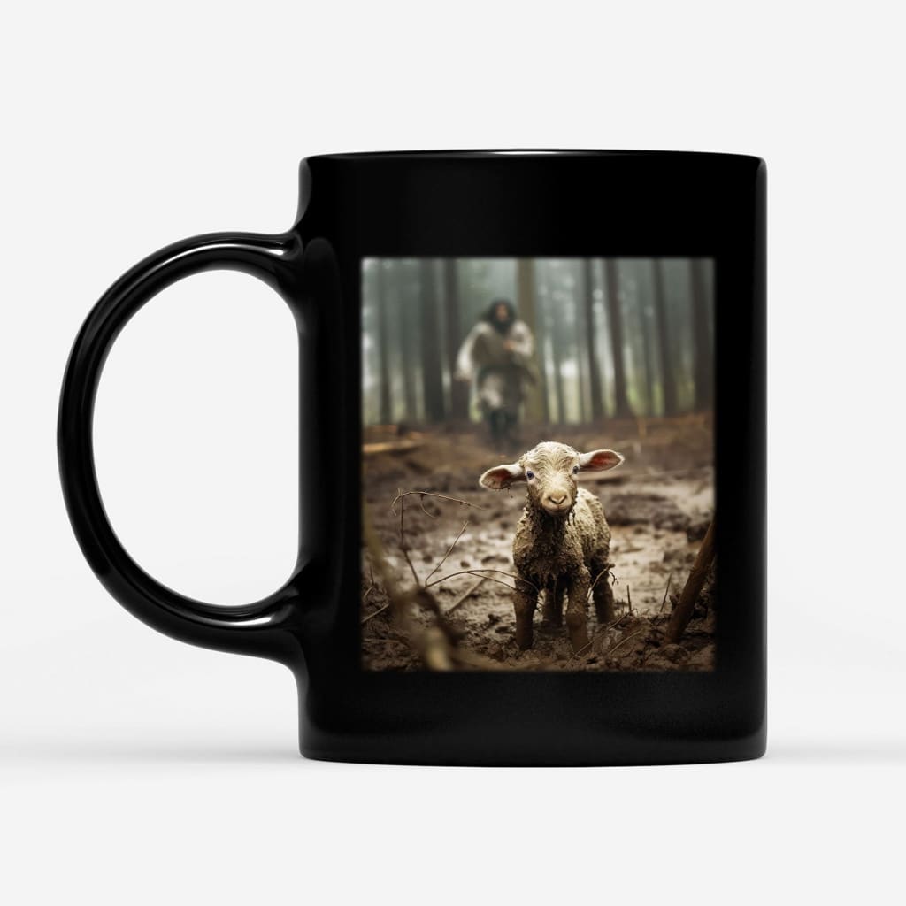 Jesus Running After a Lost Lamb, Jesus and Lamb Picture, Coffee Mug (Without Text)