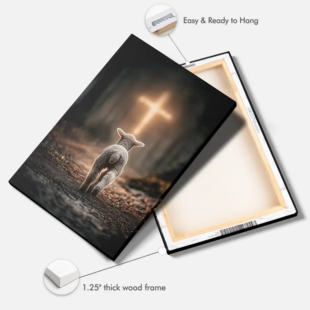 Lamb Walking Toward the Glowing Cross – Christian Wall Art Canvas