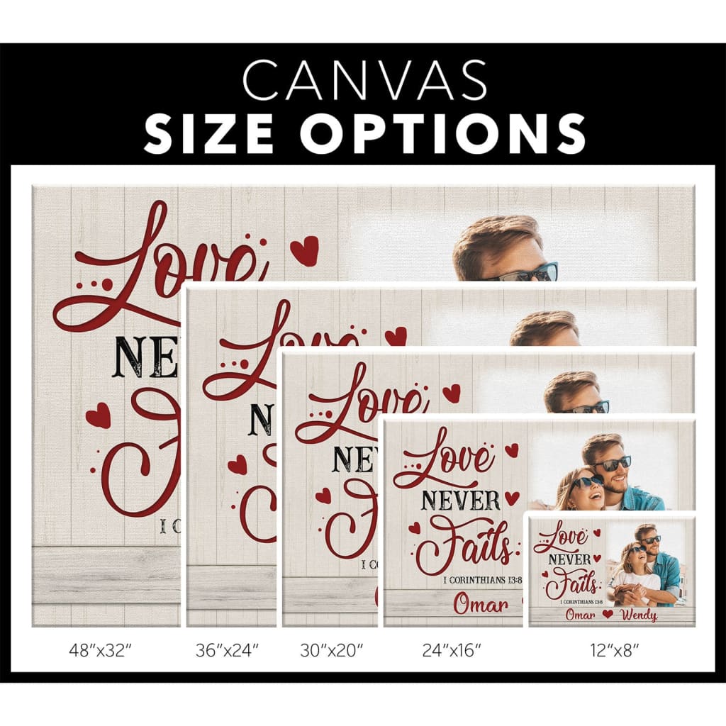 Personalized "Love Never Fails" Christian Wall Art Canvas with Custom Photo and Names