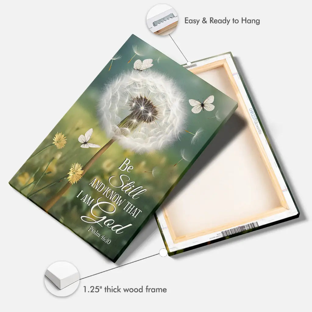 Be Still and Know, Dandelion with Butterflies – Psalm 46:10 Christian Wall Art Canvas
