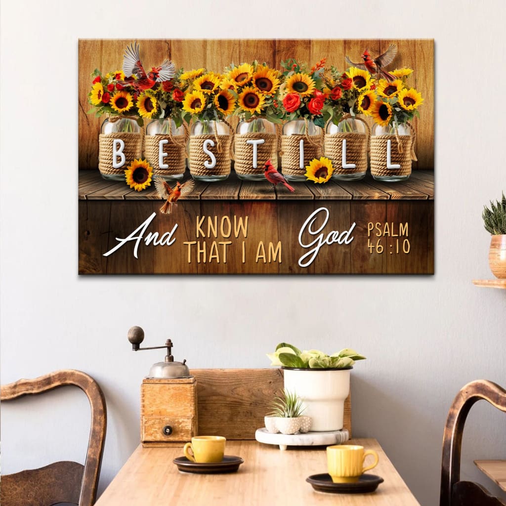 Mason Jar Flowers - Be Still and Know That I Am God Psalm 46:10 Christian Wall Art Canvas