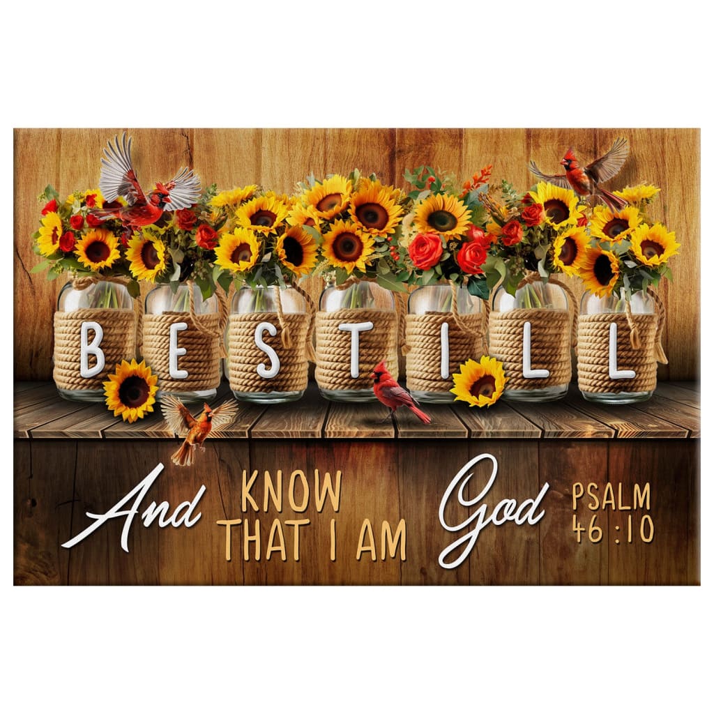 Mason Jar Flowers - Be Still and Know That I Am God Psalm 46:10 Christian Wall Art Canvas