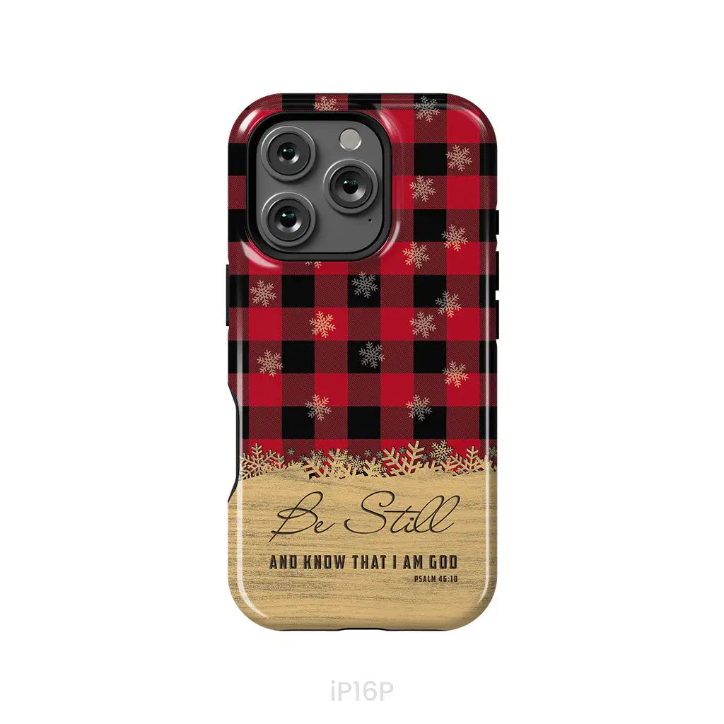 Be still and know that I am God, red black buffalo plaid, Christmas phone case