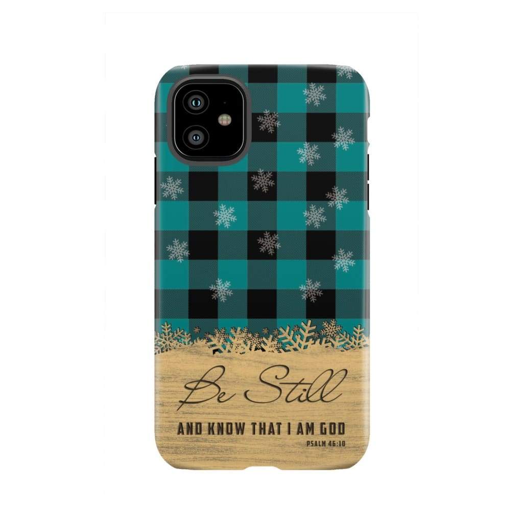 Be still and know that I am God, teal black buffalo plaid, Christmas phone case