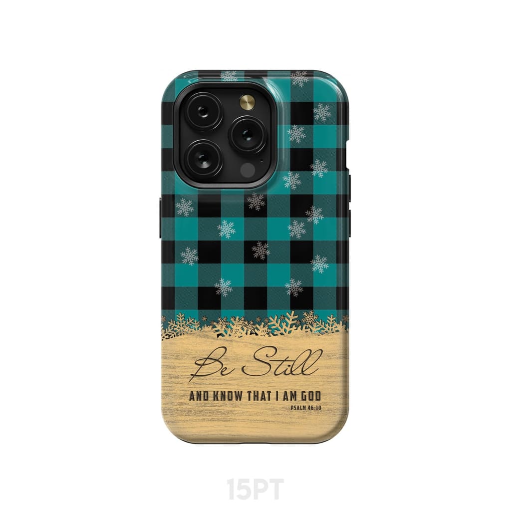 Be still and know that I am God, teal black buffalo plaid, Christmas phone case
