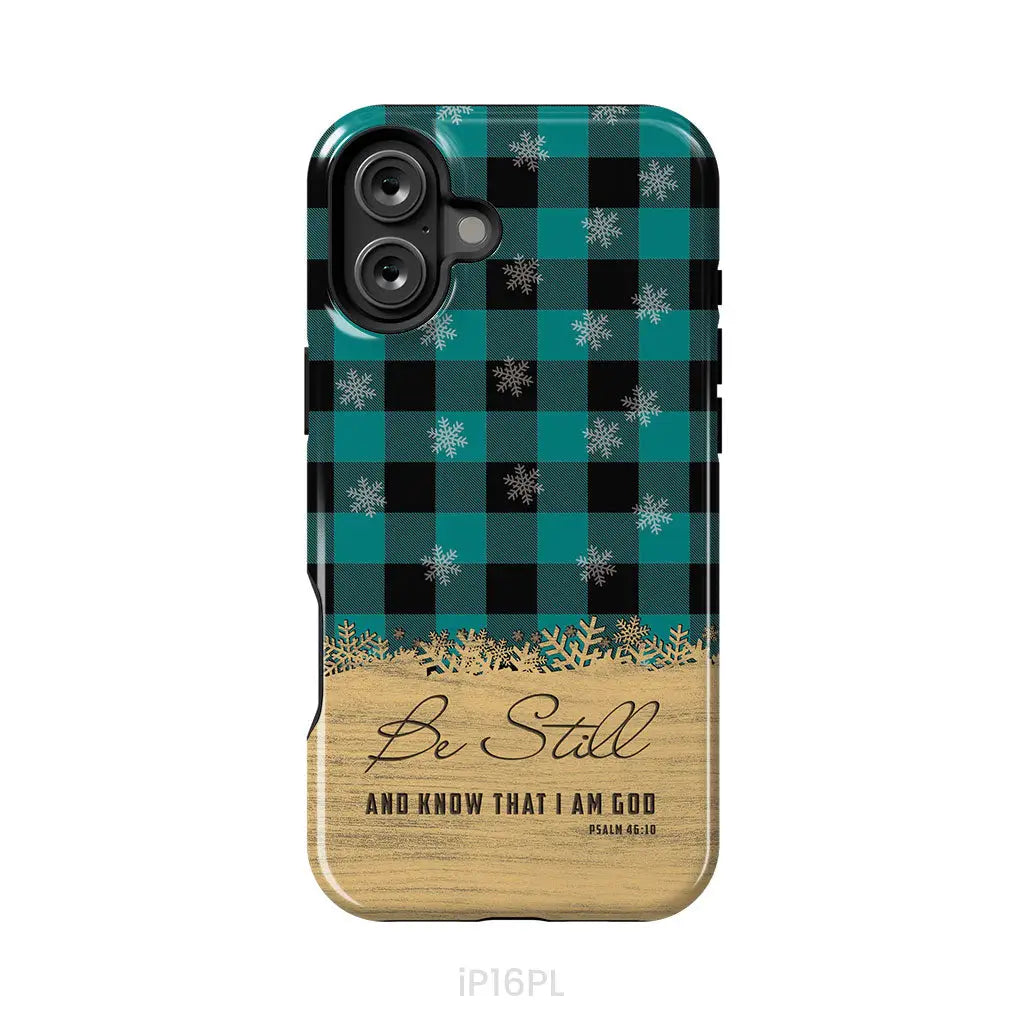 Be still and know that I am God, teal black buffalo plaid, Christmas phone case