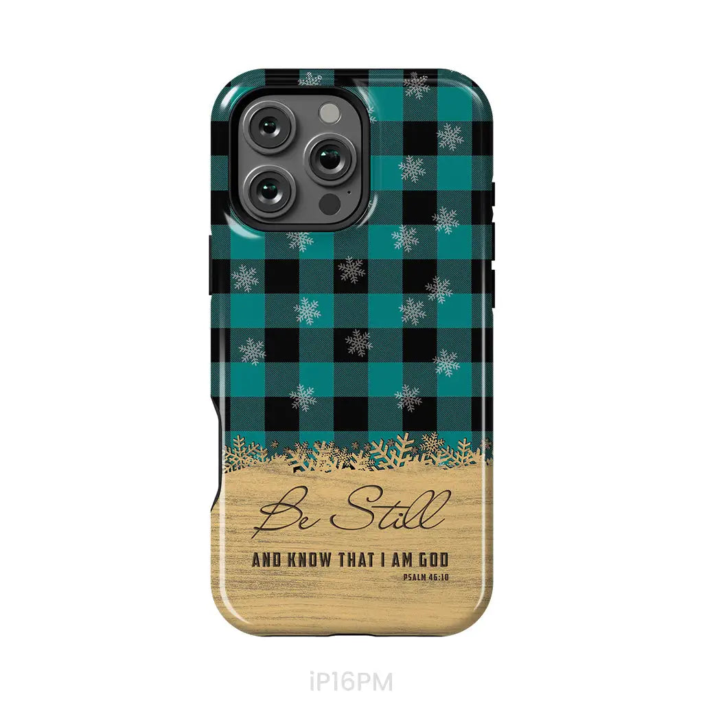 Be still and know that I am God, teal black buffalo plaid, Christmas phone case
