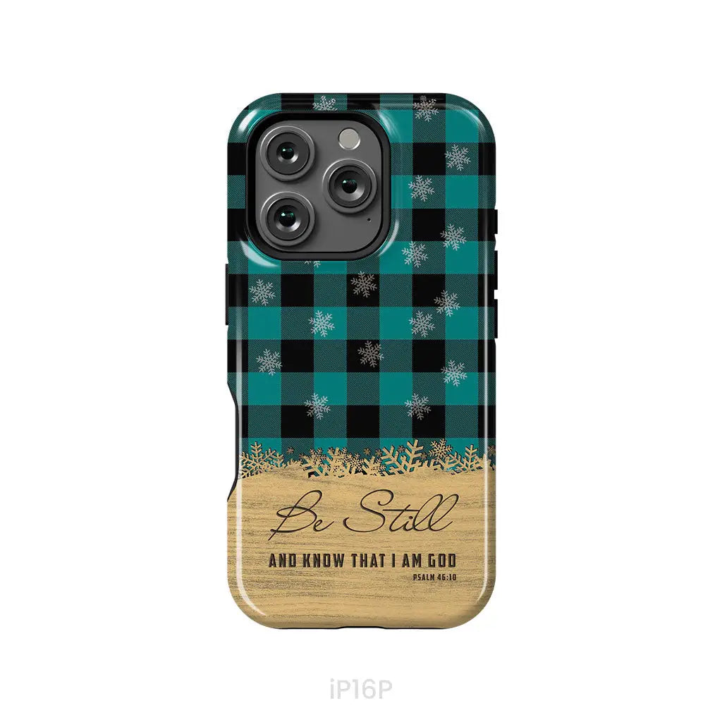 Be still and know that I am God, teal black buffalo plaid, Christmas phone case