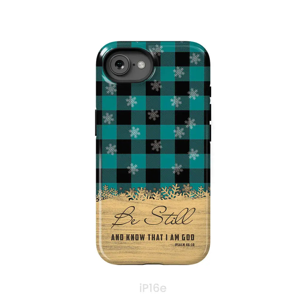 Be still and know that I am God, teal black buffalo plaid, Christmas phone case