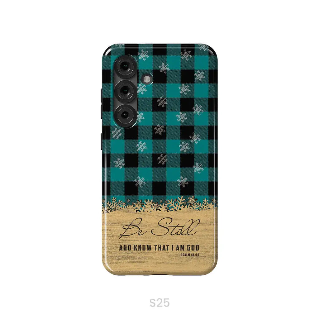 Be still and know that I am God, teal black buffalo plaid, Christmas phone case