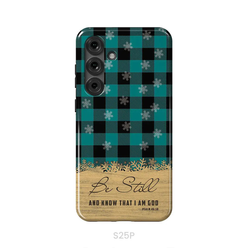 Be still and know that I am God, teal black buffalo plaid, Christmas phone case