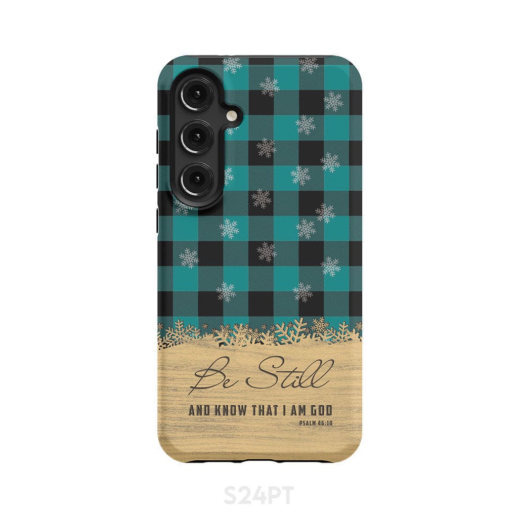 Be still and know that I am God, teal black buffalo plaid, Christmas phone case