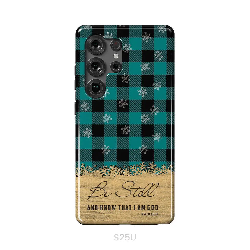 Be still and know that I am God, teal black buffalo plaid, Christmas phone case