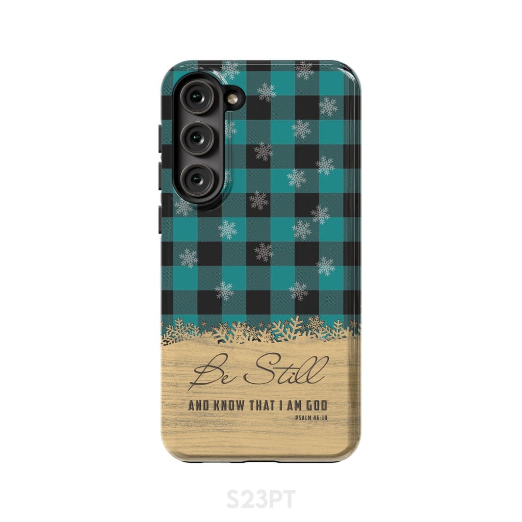 Be still and know that I am God, teal black buffalo plaid, Christmas phone case