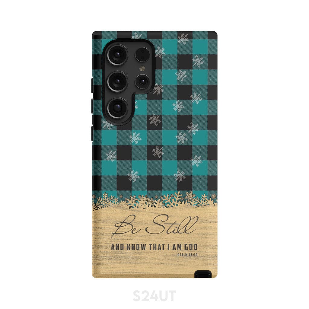Be still and know that I am God, teal black buffalo plaid, Christmas phone case