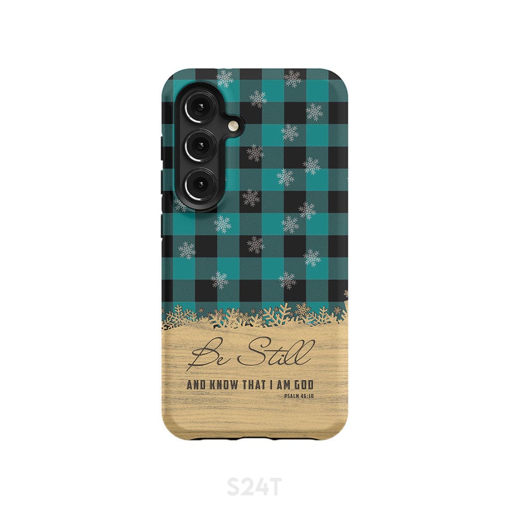 Be still and know that I am God, teal black buffalo plaid, Christmas phone case