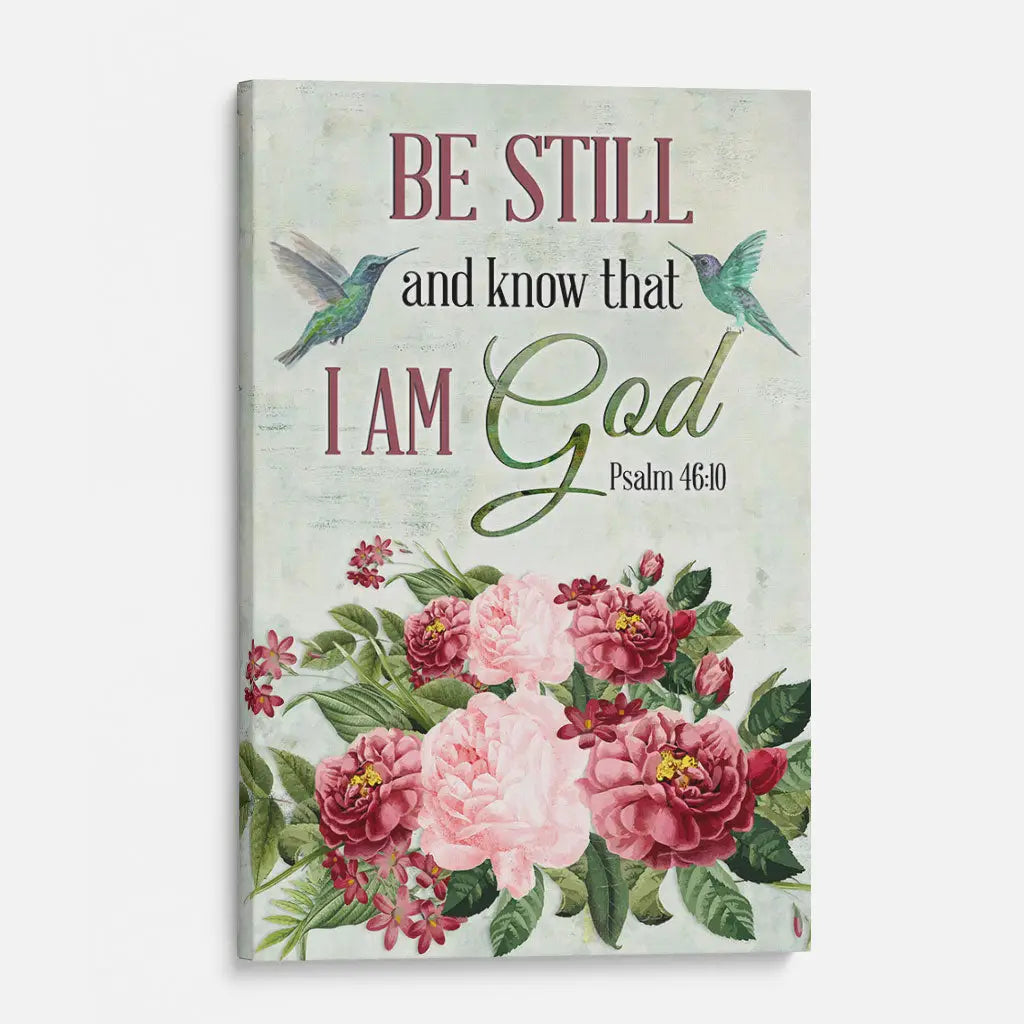 Be Still and Know That I Am God, Vintage Flower Hummingbird, Wall art canvas