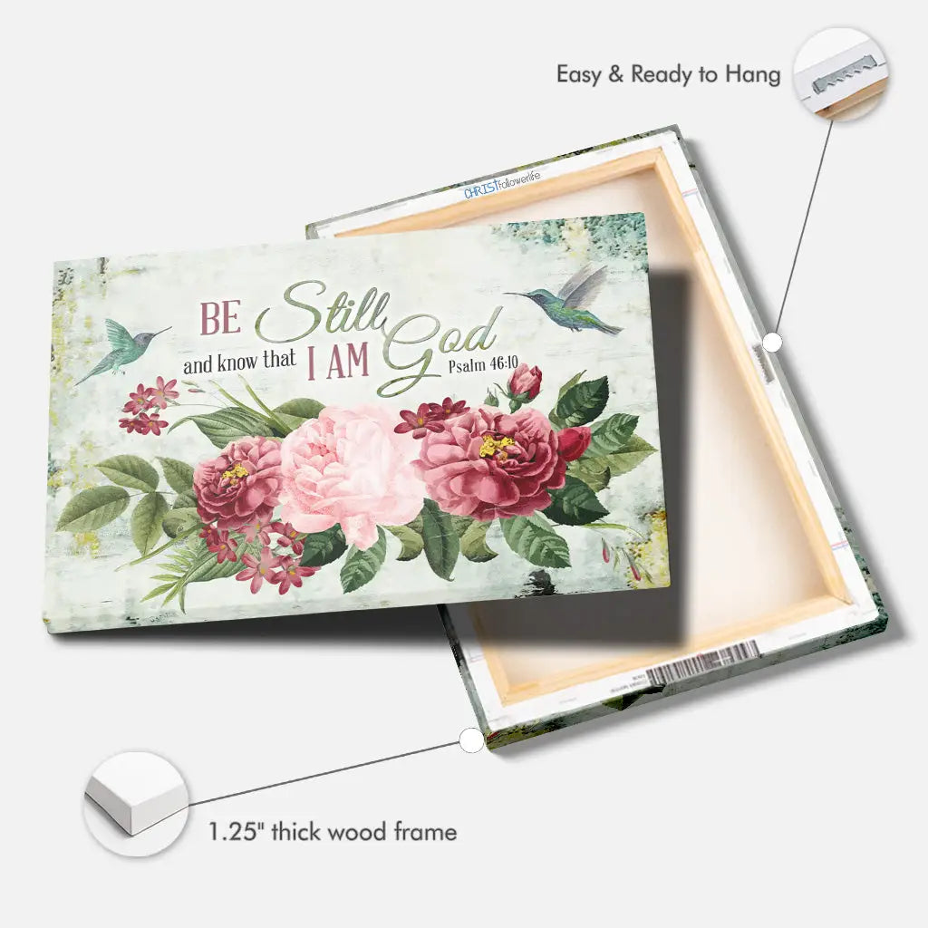 Be Still and Know That I Am God, Vintage Flower Hummingbird, Wall art canvas