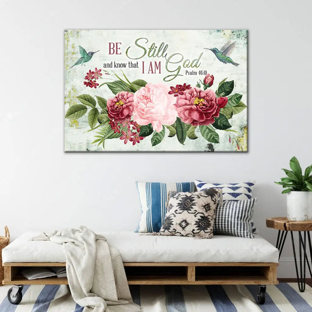 Be Still and Know That I Am God, Vintage Flower Hummingbird, Wall art canvas