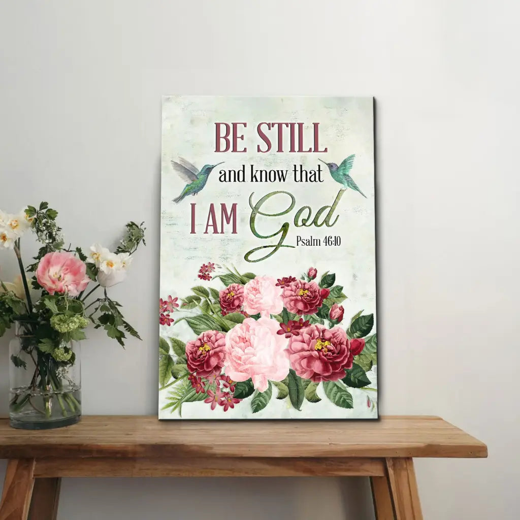 Be Still and Know That I Am God, Vintage Flower Hummingbird, Wall art canvas
