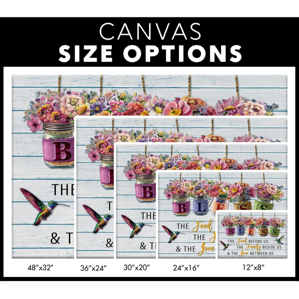 Bless the Food Before Us Canvas, Flowers Hanging in Jars, Christian Wall Art