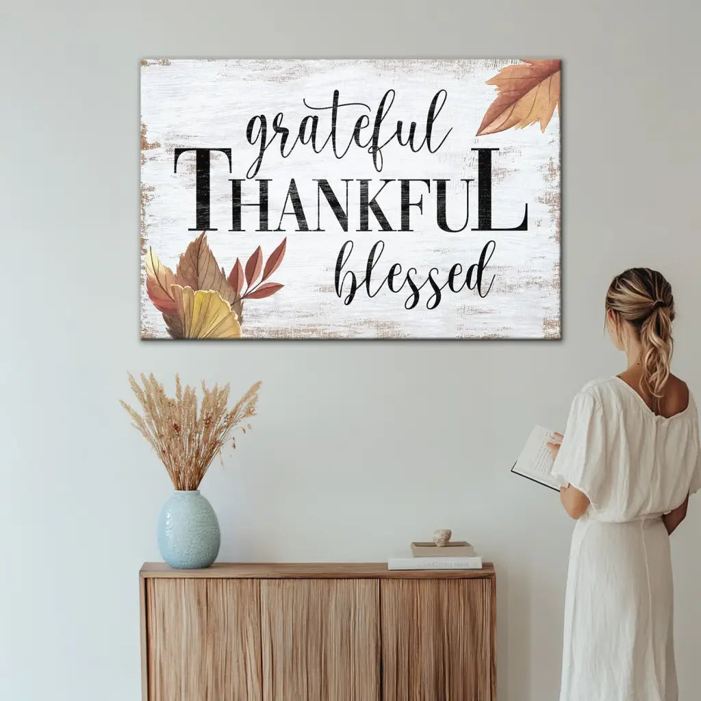 Grateful Thankful Blessed Fall Wall Art Canvas Print