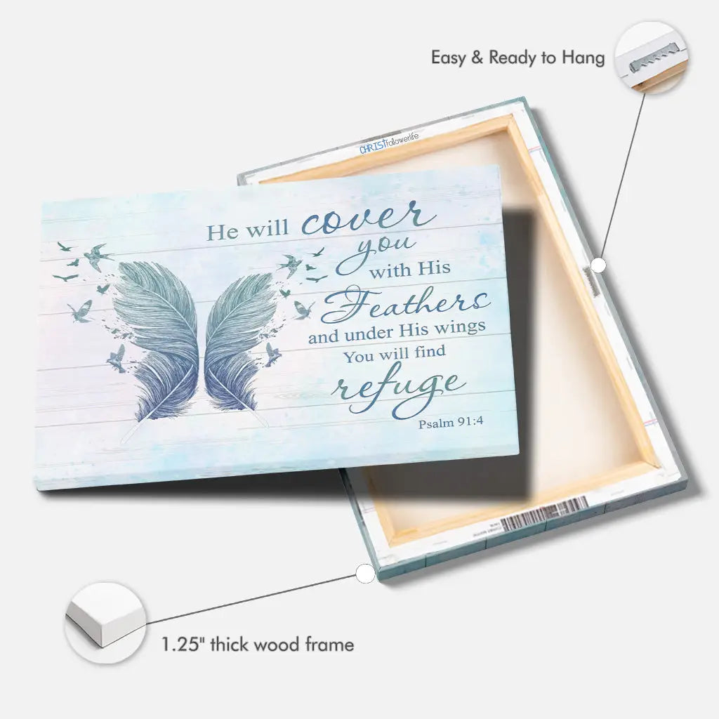 He Will Cover You With His Feathers Psalm 91:4 Bible Verse Wall Art Canvas