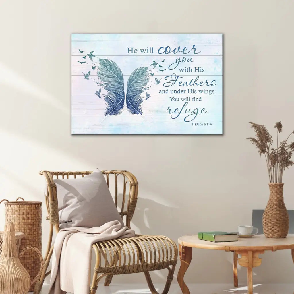 He Will Cover You With His Feathers Psalm 91:4 Bible Verse Wall Art Canvas