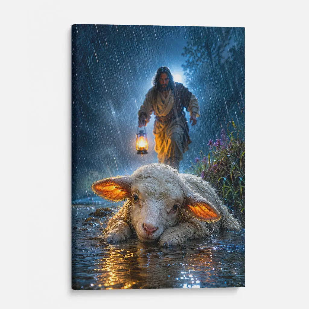 Jesus Rescues the Lost Lamb in the Storm - Christian Wall Art Canvas