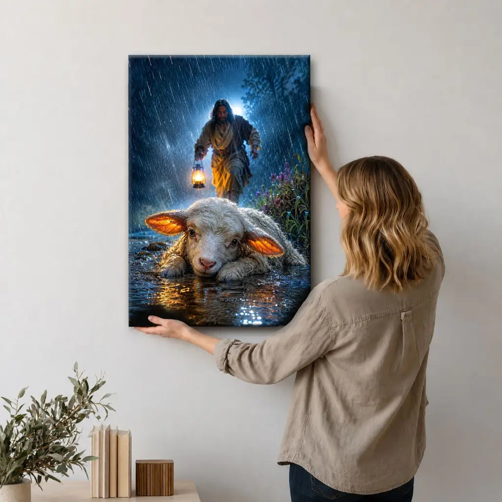 Jesus Rescues the Lost Lamb in the Storm - Christian Wall Art Canvas