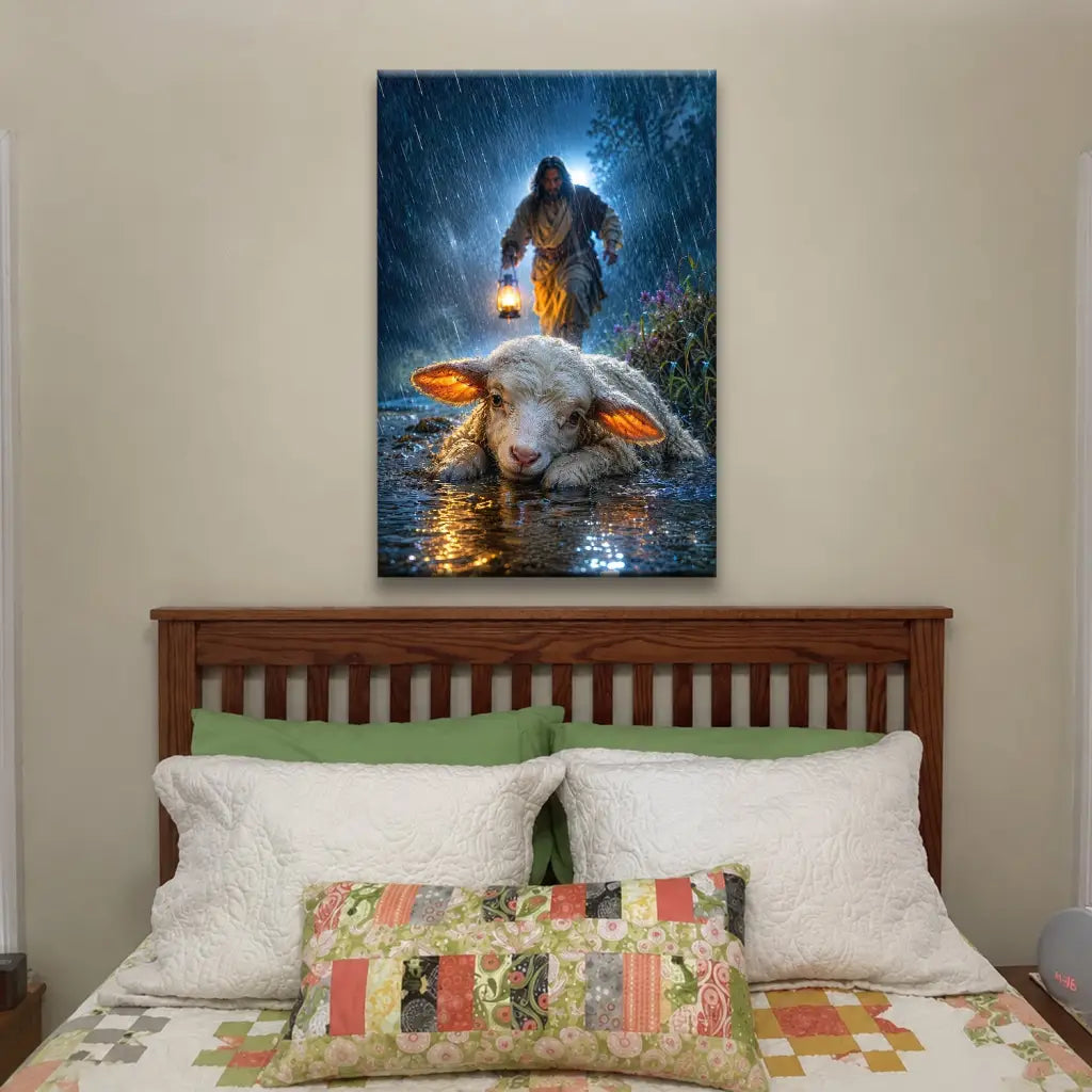 Jesus Rescues the Lost Lamb in the Storm - Christian Wall Art Canvas