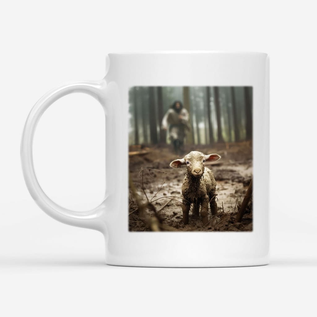Jesus Running After a Lost Lamb, Jesus and Lamb Picture, Coffee Mug (Without Text)