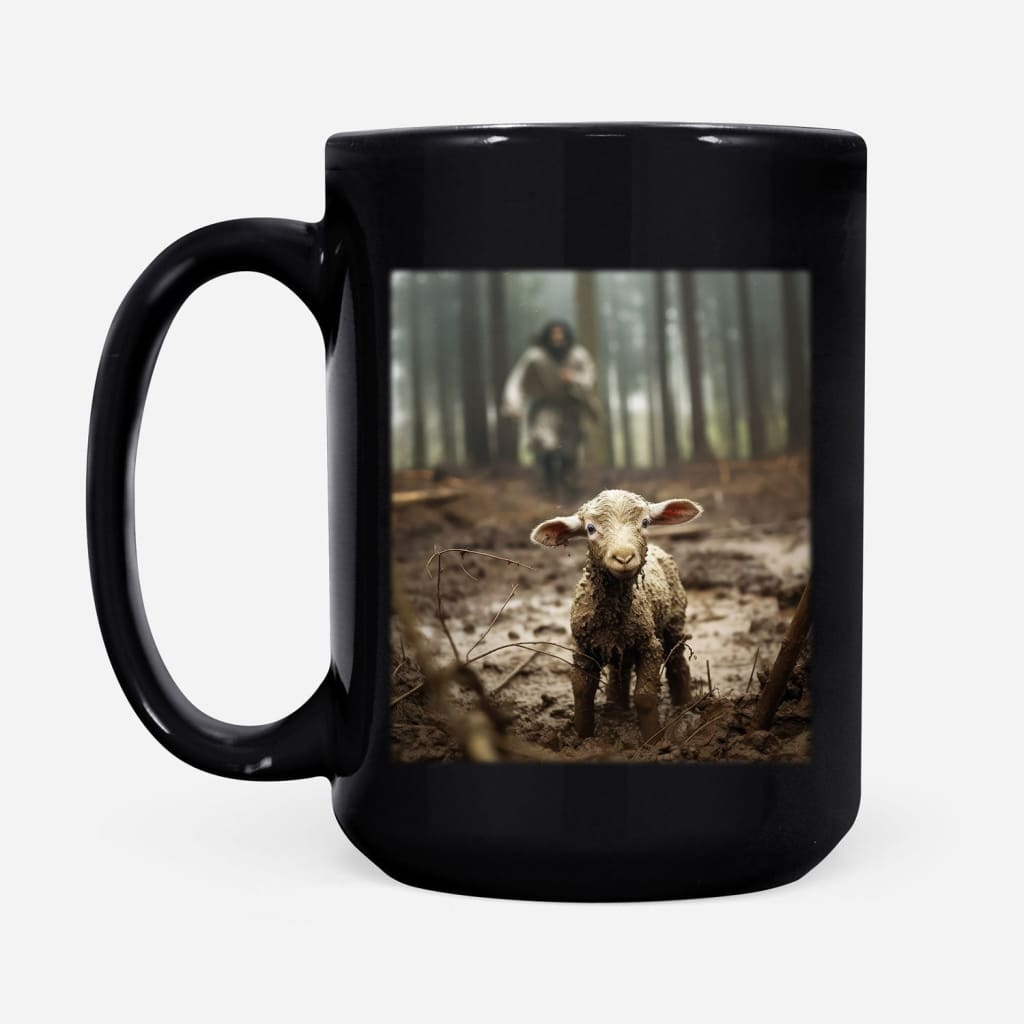 Jesus Running After a Lost Lamb, Jesus and Lamb Picture, Coffee Mug (Without Text)