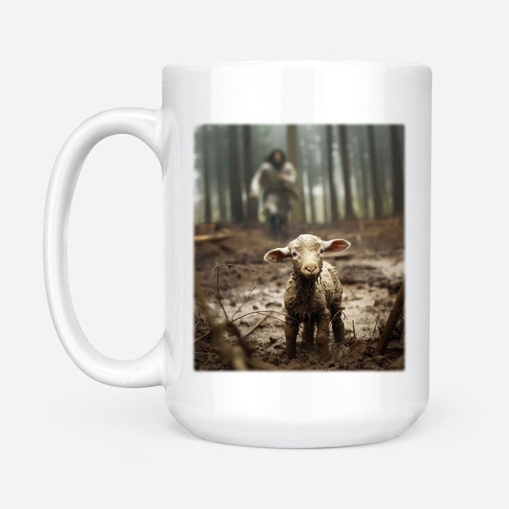 Jesus Running After a Lost Lamb, Jesus and Lamb Picture, Coffee Mug (Without Text)