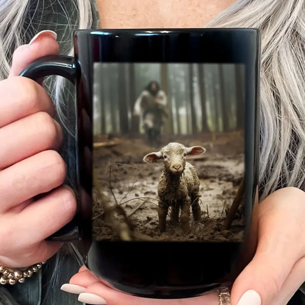 Jesus Running After a Lost Lamb, Jesus and Lamb Picture, Coffee Mug (Without Text)