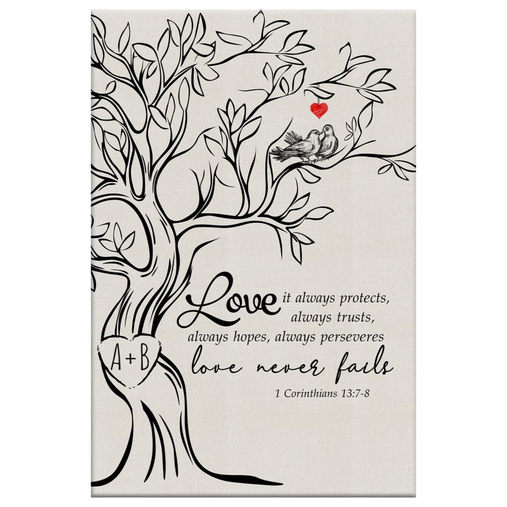 Love Never Fails, Personalized Initials Carved In Tree, Christian Wall Art Canvas