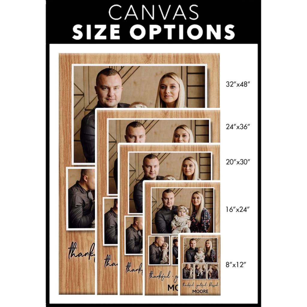 Personalized Canvas, Thankful Grateful Blessed Wall Art with Custom Family Name & Photos