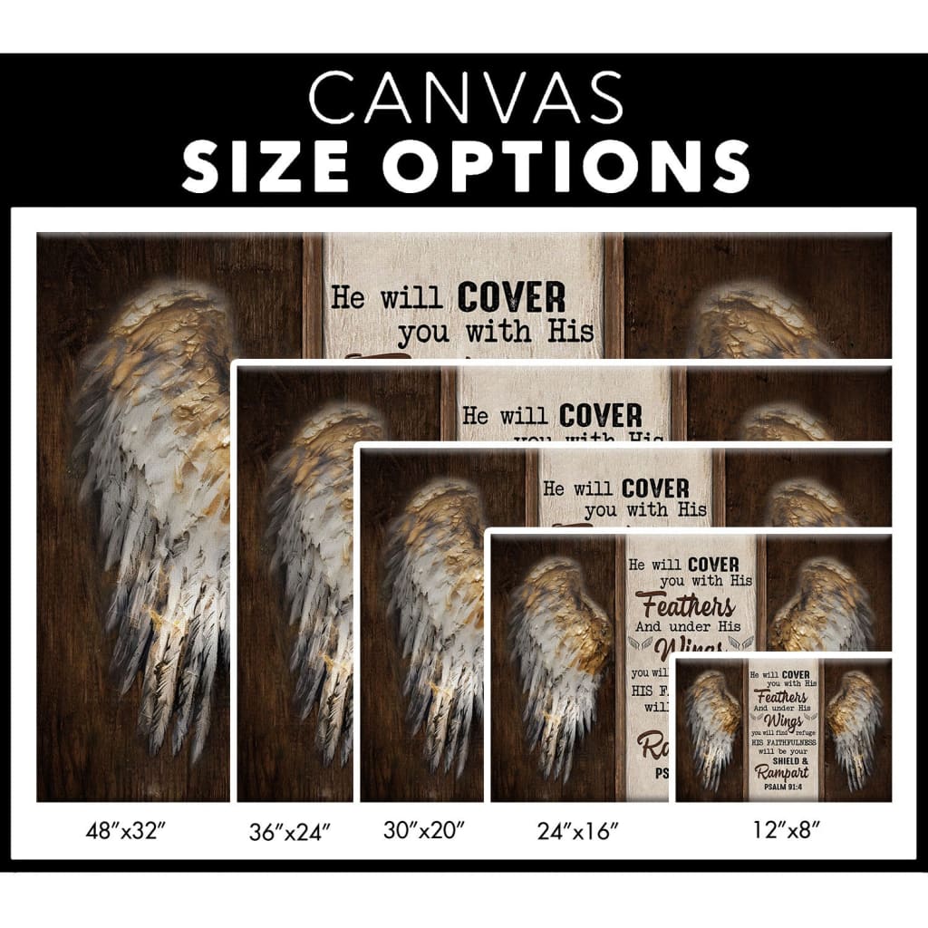 Angel Wings, Psalm 91:4 He Will Cover You With His Feathers, Bible Verse Wall Art Canvas